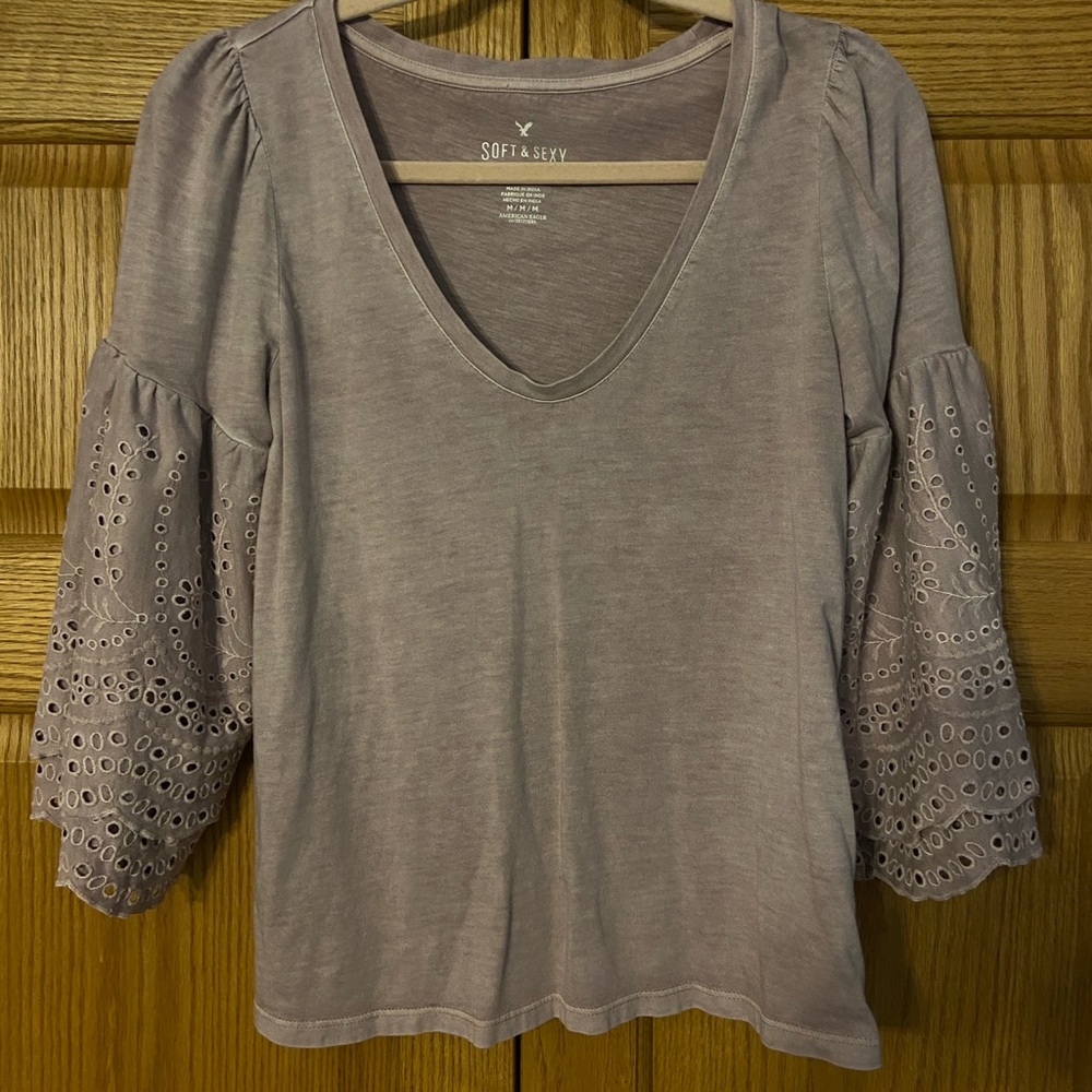 American Eagle Outfitters Light Purple Bell Sleeve Ruffled Blouse